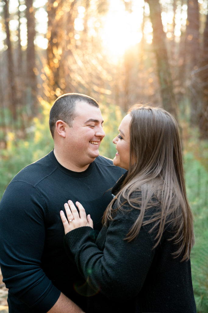 Engagement photography during golden hour at Prosser Pines, Middle Island NY