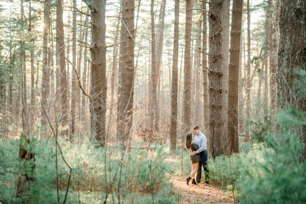 Long Island Winter Golden Hour Engagement Photos Prosser Pines NY Beautiful Forest Engagement
